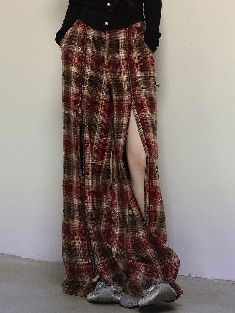 Red Zipper Straight Leg Cut Plaid Pants