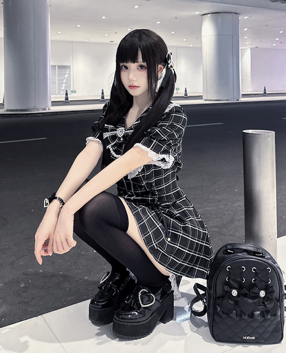 Mini Dress+Shorts Jirai Black Lace-up Plaid Set Embellished Details Kei Waist Rhinestones