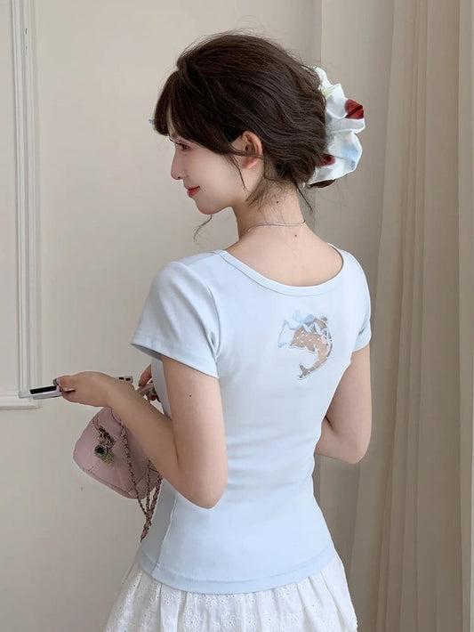 Blue Scoop Neckline T-shirt Dolphin-shaped Cutout Back