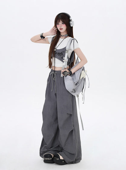 Asymmetrical Accessory Punk Waist Drawstring Waist Wasteland Gray Pants with
