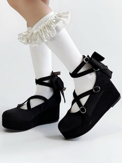 PU - Round Design Black Sweet Bow Wedge Crisscross Platforms Toe Accent