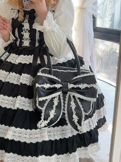 Bag Lolita Bow Sweet PU Square Big Lace with Front School Black White and Old Trim