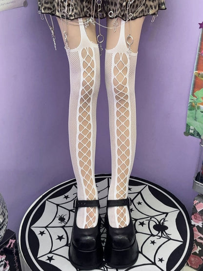 Cut-out Rock Black/Red/White Suspender Punk Design Stockings