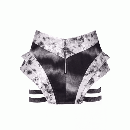 Fashion Asymmetrical Skort Y3K Futuristic Black and Silver Low-Waist Side Elastic Bands Cyberpunk