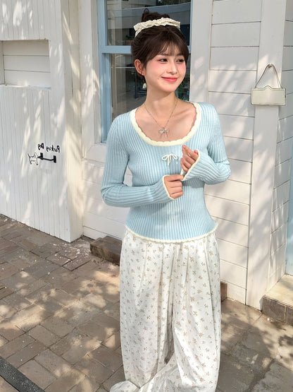Blue Bowknot Details Round Neck Slim-fit Knit Top