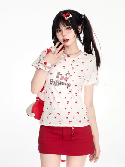 White Allover Cherry Print Rhinestone Letter T-shirt