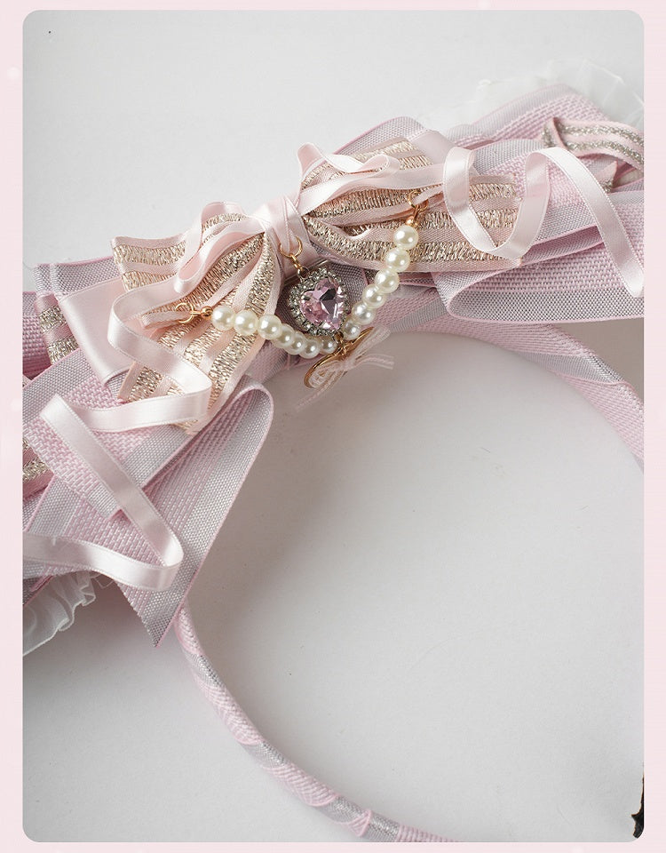 Lolita Pink Big Bow Beaded Chain and Heart Charm Lace Trim KC