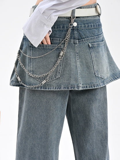 Wide-Leg Jeans with Detachable Skirt Accessory Blue Vintage