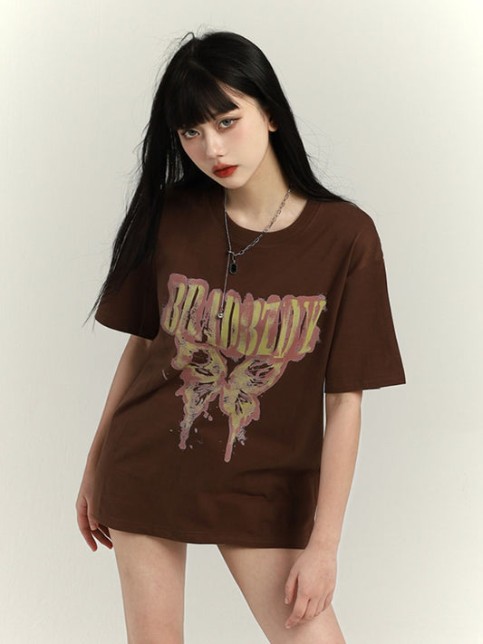 Dunkelgrau/Braun/Schwarz/Weiß Vintage Loose T-Shirt mit Schmetterlingsdruck