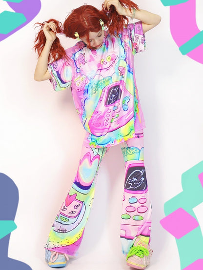 Cartoon Silhouette Pants Flare Print Y2K Colorful