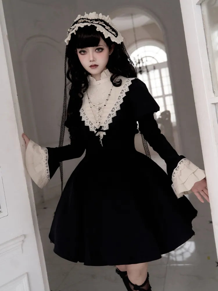 Black and Beige Ruffle Banded Collar Gothic Nun Lolita Dress Short Version