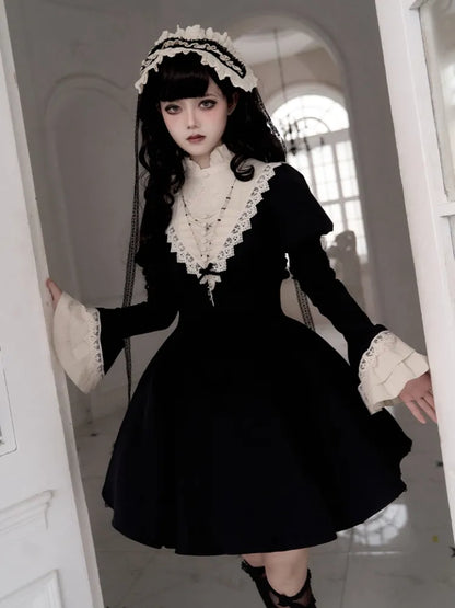 Black and Beige Ruffle Banded Collar Gothic Nun Lolita Dress Short Version