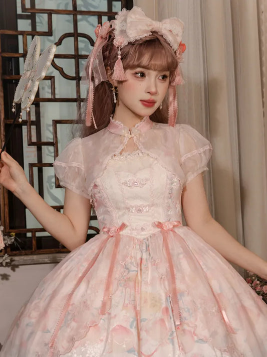Pink Cheongsam Collar Creamy Puff Sleeves Cropped Top