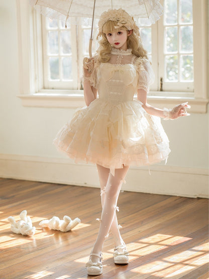Dress Princess Lolita White Waist on and Ribbon Bows Beads Basque Skirt Creamy