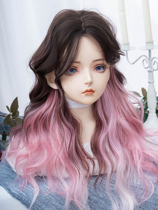 Pink-black Ombre Long Wavy Synthetic Wig With Curtain Bangs