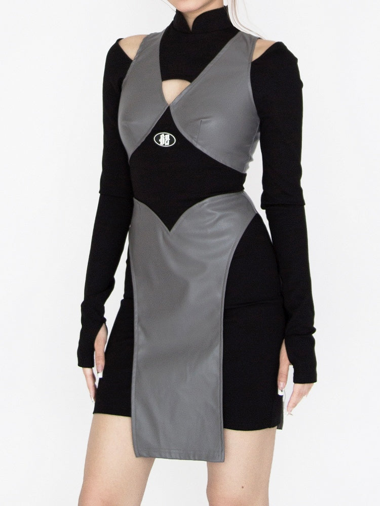 Robe glamour ninja futuriste noire et grise à col à bandes et détails découpés