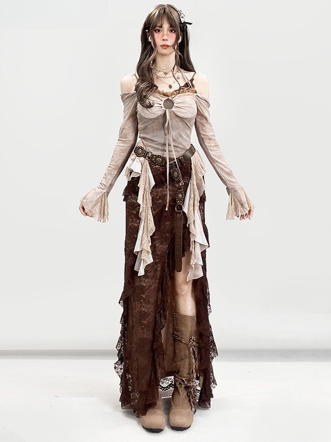 レースミラードファッションアシンメトリーデザイングラマラスヘムサイハイハイロースカートブラウントリムスリット