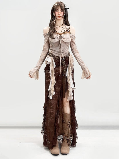 レースミラードファッションアシンメトリーデザイングラマラスヘムサイハイハイロースカートブラウントリムスリット