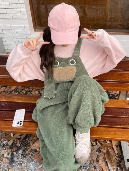 Cute Dinosaur Green Plush Overalls