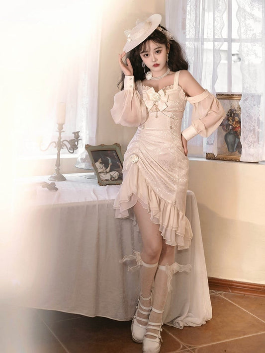 Lolita Mermaid Rose Hemline Ruffle Jacquard Ivory Decoration Detail Bead JSK