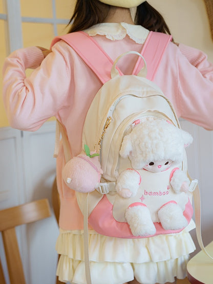 White And Pink Plush Backpack With Detachable Lamb Plushie