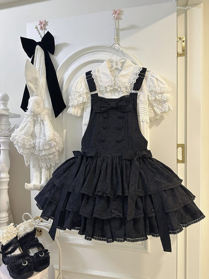 Black Ruffle Sweet Lolita Buttons with Overall Dress Layered Double-Breasted