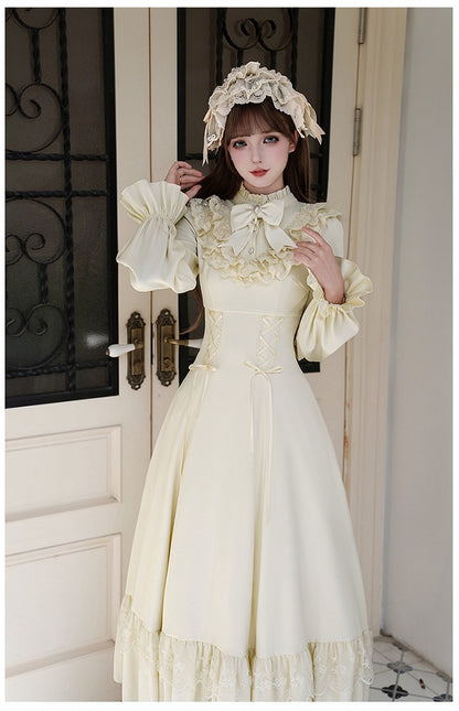 Beige Shawl Waist Ruffle Lace-up with Lolita Dress Detachable Neckline Elegant