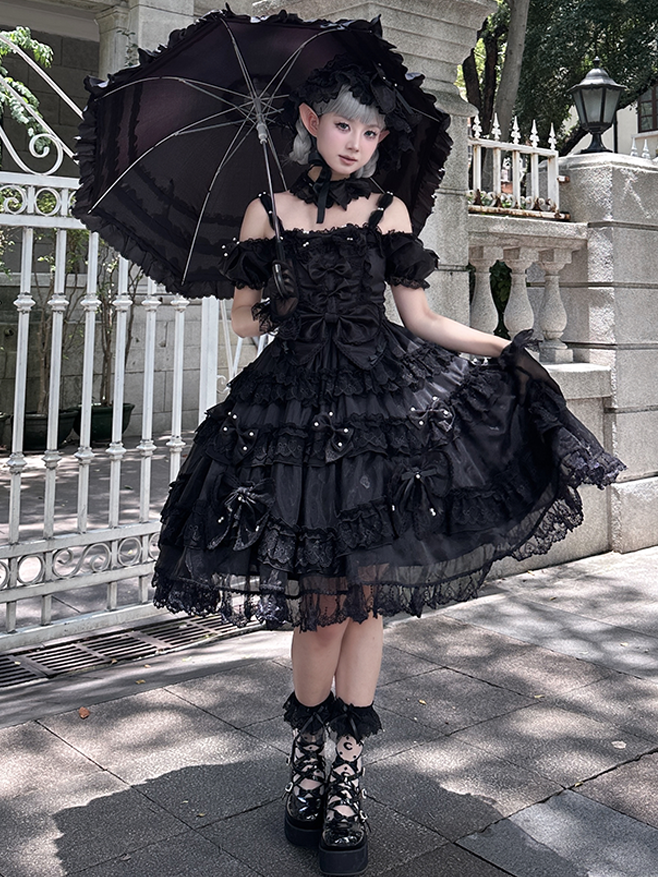 All Details at with Bow Lolita Back Dress Bead Big and Accents Princess Black