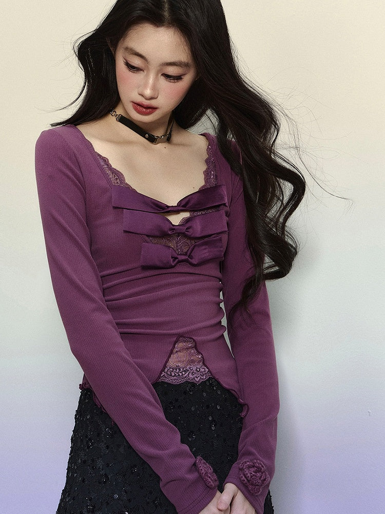 Purple Bow Accents Lace Trim V-neck Long Sleeves Top