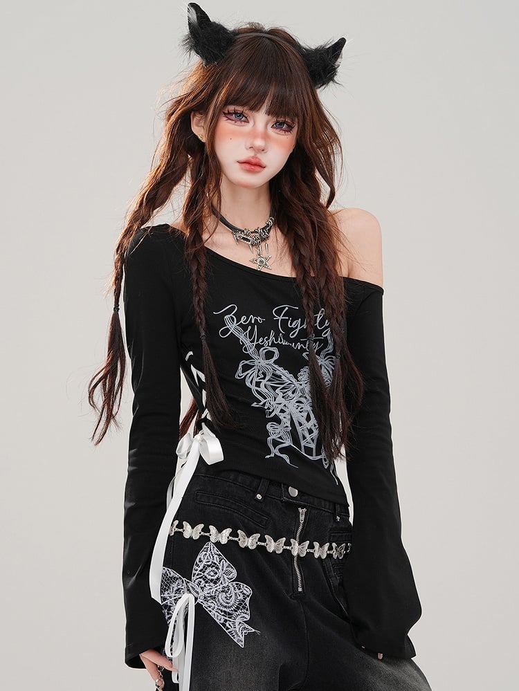Black Asymmetrical Neckline Graphic Top Lace-up Detail at Waist