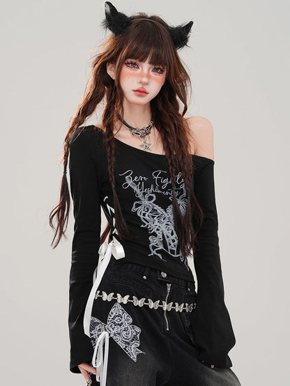 Black Asymmetrical Neckline Graphic Top Lace-up Detail at Waist
