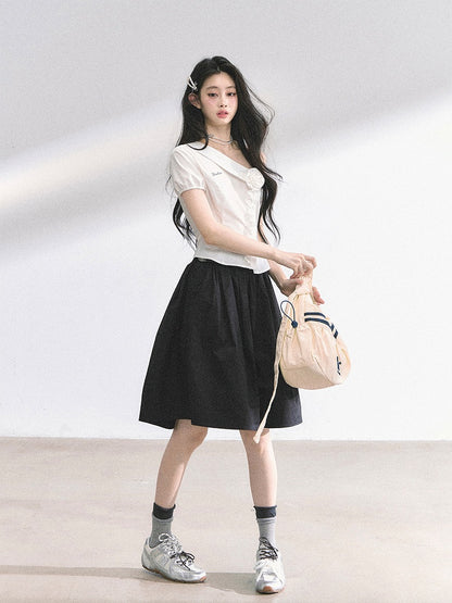 Skirt Length Knee Black/Navy Blue A-line