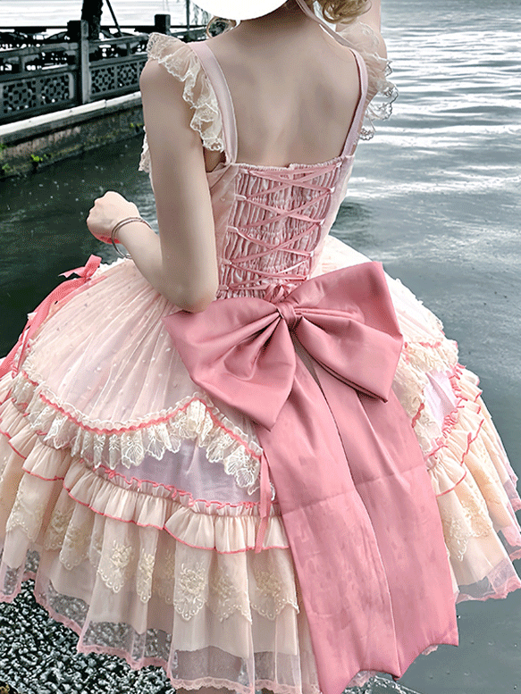Bow Sweet Lolita Dress Flutter Pink Lace-up Bodice High Waist Sleeves with Big Jumper Skirt Detachable