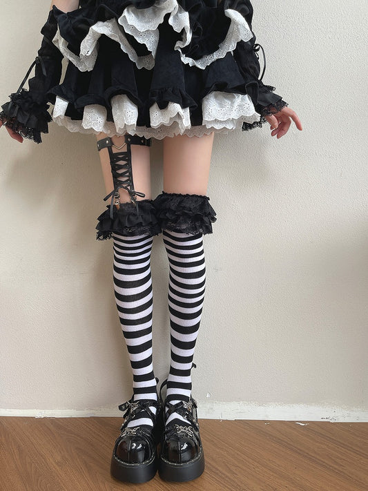 Trim and Stockings Overknee Striped Black Gothic Lace White