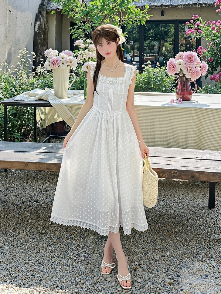 Elegant White Square Neck Flutter Sleeves Lace Sleeveless Self-tie Bow with Dress