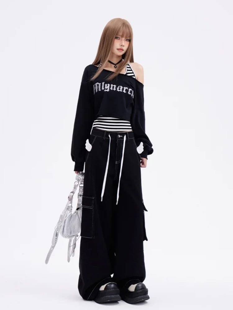 Self-tie Strap Design Wings Cargo Pocket Wide-Leg Jeans with Black Angel