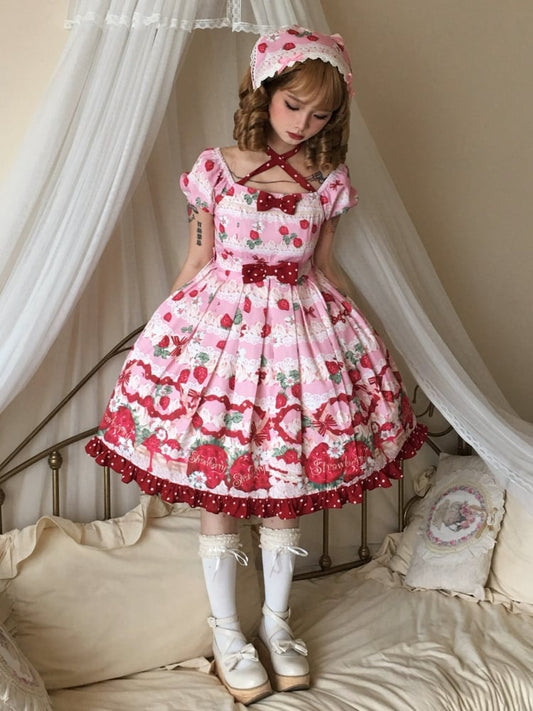 Robe Sweet Lolita taille haute rose fraise