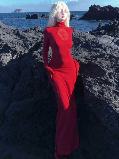 Gothic Red Coffin Cutout Cross Details High Neck Mermaid Skirt Maxi Dress