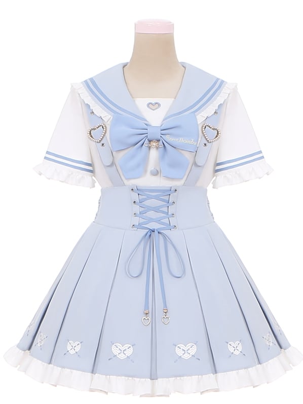 Jirai Kei Overalls Light Blue Heart Front Embroidery Lace-up