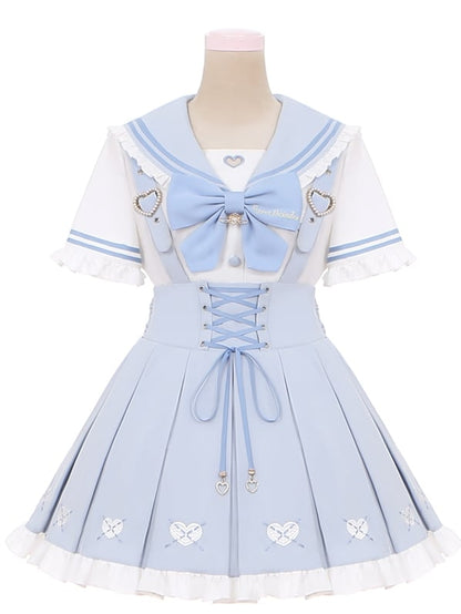 Jirai Kei Overalls Light Blue Heart Front Embroidery Lace-up