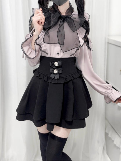 Jirai Kei Schwarz/Weiß/Dusty Cutout Schulter Bluse Schleife Ausschnitt Big Pink