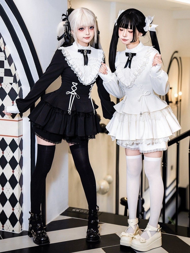 Träger Charm Kleid Gothic Weiß Rüschen Lolita Ausschnitt Schnürung Kreuz