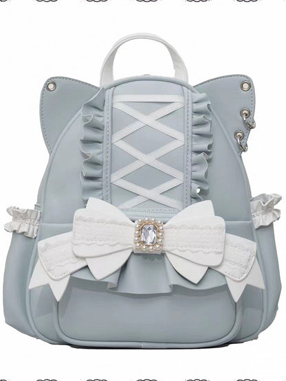 Jirai Kei Blauer Rucksack mit Katzenohren und Schleife aus Perlen und Strass