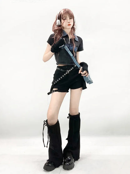 Pocket Black + Leg Star Warmers Denim Flared Design Cargo Shorts