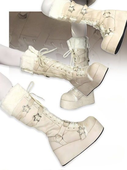 Y2K Creamy White Star Buckle Straps Plush Trim Platform Boots