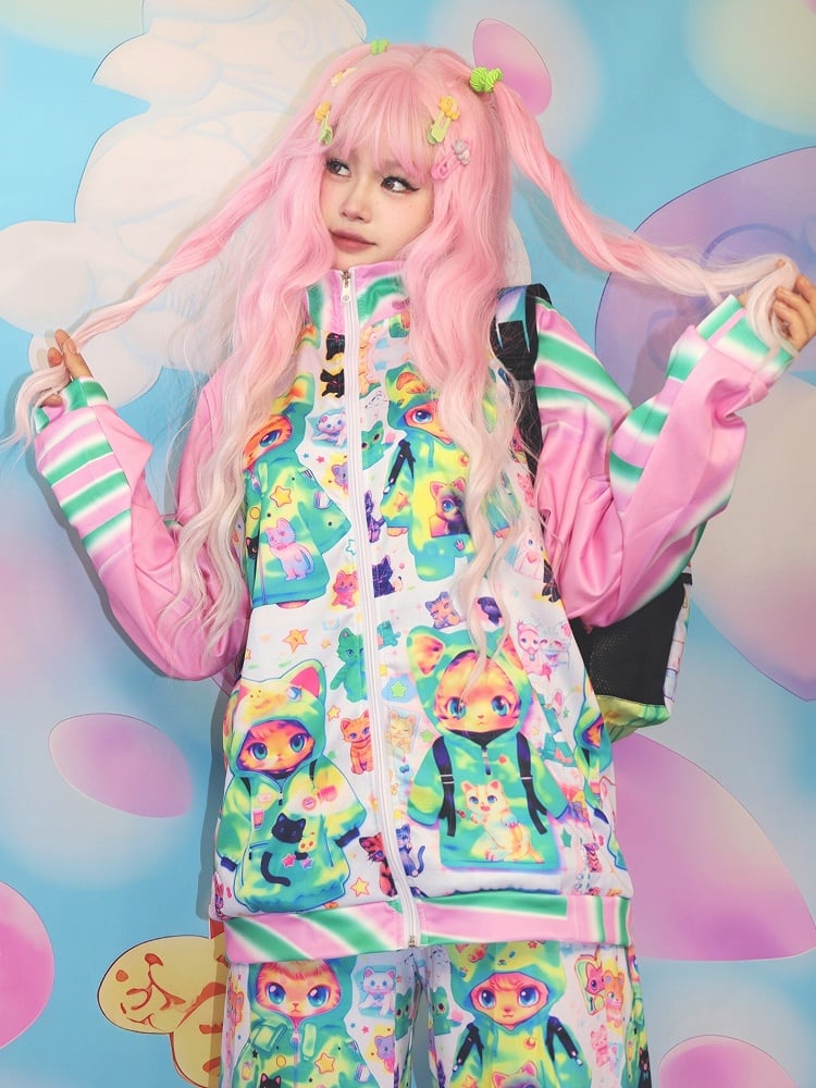 PinkGrüne Katzenjacke Print Y2K