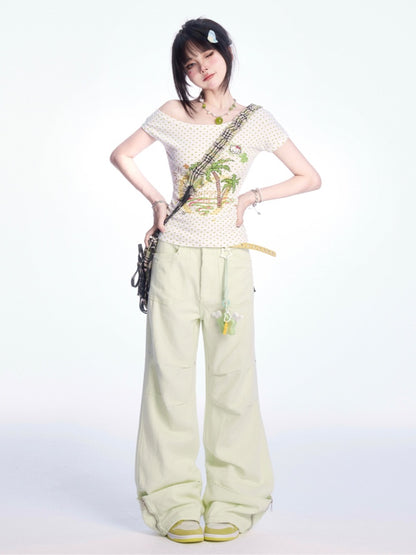 Pants Light Green Low Waist Zip Cuffs Wide-leg Cargo