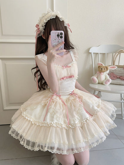 Small Jumper Short Bows Apricot Dress Balletcore Skirt Fabric Lolita