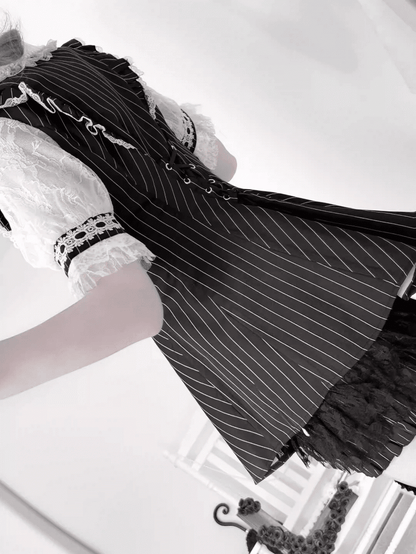 Mini Dress + Shorts Lace-up Back Neckline Illusion + Black Striped Jirai Kei Set- Bow Tie