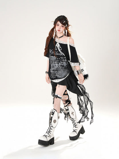 Loose Asymmetrical Neckline Lace Trim Butterfly Print Black/White T-shirt